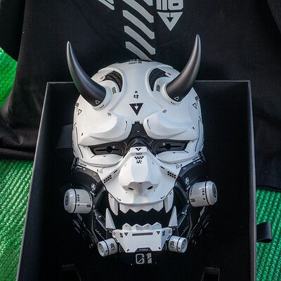 Cyberpunk Oni Mask, Cyberpunk Oni, Futuristic Helmets, Oni Maske, Mascara Oni, Japanese Demon Mask, Ninja Mask, Helmet Concept, Japanese Mask