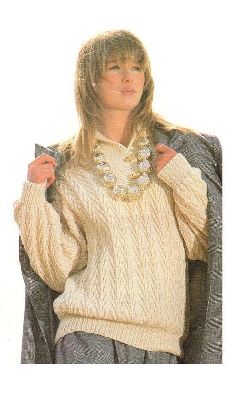 Ladies Aran sweater knitting pattern. Jumper, pullover. Sizes 30" to 40" chest. Aran Jumper, Knitting Patterns Boys, Aran Knitting Patterns, Cable Knitting Patterns, Crochet Cardigan Sweater, Sweater Knitting Pattern, Jumper Knitting Pattern, Aran Sweater, 20th Century Fashion