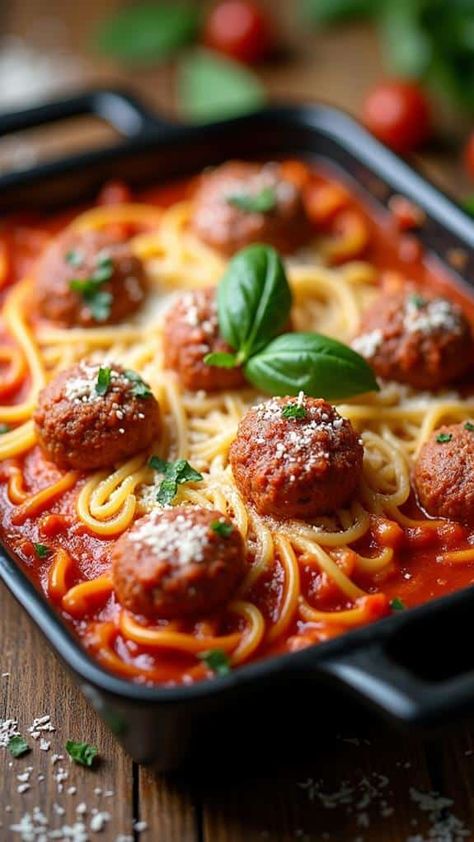 Spaghetti and Meatball Casserole Spaghetti And Meatball Recipes, Spaghetti And Meatball Casserole, Meatballs And Marinara Sauce, Spaghetti Meatballs Recipe, Meatballs And Marinara, Spaghetti Meatball Recipes, Savory Meatballs, Cheesy Meatballs, Meatball Casserole