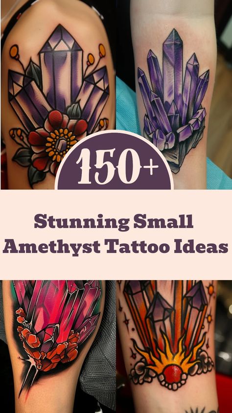 Explore the beauty of amethyst tattoos with these stunning design ideas! Whether you're looking for a small amethyst tattoo or intricate crystal details, there's something here for everyone. Let the deep purple hues of the amethyst gemstone inspire your next ink creation. From minimalist designs to intricate artwork, these tattoos are a true celebration of nature's wonders. Discover unique ways to incorporate amethysts into your body art and unleash your inner creativity with these mesmerizing t Gemstone Tattoo Ideas, Amethyst Crystal Tattoo, Jem Tattoo, Amethyst Tattoo, Crystal Tattoo Ideas, Meaning Of Amethyst, Gemstone Tattoo, Crystal Tattoos, Gem Tattoo