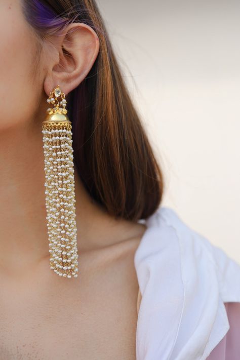 The Jharna earrings are a waterfall of pearls, embellished with kundan. Kundan Jhumkas, Earrings Kundan, Bridal Sari, Jammu Kashmir, Chic Gowns, Glam Look, Diy Coasters, Kundan Earrings, Indian Earrings