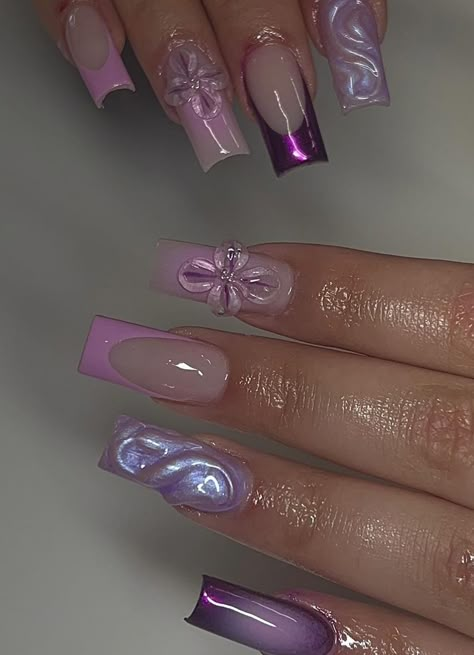 Purple 3d Flower Nails, Square 3d Nails, 3d Nail Designs Unique, Purple Flower Nails, Mom Nails, Purple And Silver Nails, 3d Nail Designs, 3d Flower Nails, Nail Design Inspiration