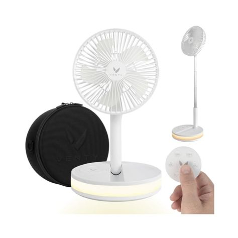 VENTY VENTY Portable Fan - Wireless Battery Operated Fan, 48HR Run Time 16000MAH Battery, Oscillating Rechargeable Fan, Remote Control & LED Lighting, Folding Telescopic Camping Fan (White with Case) Stuff To Buy On Amazon, Accessories For Kitchen, Camping Fan, Rechargeable Fan, Standing Fans, Old Fan, Run Time, Must Have Gadgets, Desk Fan