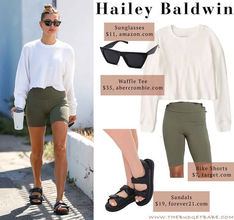 Hailey Baldwin's Olive Green Biker Shorts and Puffy Sandals Look for Less Biker Shorts Outfit Shoes, Biker Shorts With Sandals, Olive Biker Shorts Outfit, Hailey Bieber Sandals, Hailey Bieber Biker Shorts, Sports Sandals Outfit, Olive Green Biker Shorts Outfit, Green Bike Shorts Outfit, Puffy Sandals Outfit