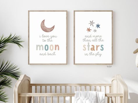 I Love You to the Moon and Back and More Than All the Stars, Nursery Prints Boho, Gender Neutral Nursery Wall Decor, Kids Wall Art Printable - Etsy.de Love You To The Moon Nursery, To The Moon And Back Nursery Theme, I Love You To The Moon And Back Nursery, Love You To The Moon And Back Nursery, To The Moon And Back Nursery, Quotes For Nursery Wall, Love You To The Moon And Back, Work Office Decor Ideas, Moon And Back Nursery