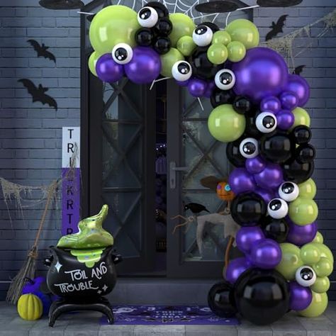 Monster Party Table Decorations, Beetlejuice Balloon Garland, Tent Halloween Decor, Spooky Balloon Garland, Halloween Decorations For Cubicle, Beetlejuice Balloon Arch, Halloween Decorations Interior, Outdoor Halloween Balloon Decor, Spooky Balloon Arch