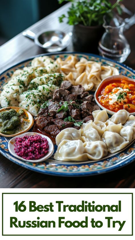 A vibrant plate featuring traditional Russian dishes, including borscht, pelmeni, and beef stroganoff, showcasing the rich flavors and cultural heritage of Russian cuisine. Russian Meal Ideas, Plov Recipe Beef Russian, Russian Thanksgiving Recipes, Russian Cuisine Recipes, Traditional Russian Salads, Russian Foods Traditional, Russian New Years Food, Russian Dinner Party, Russian Party Food