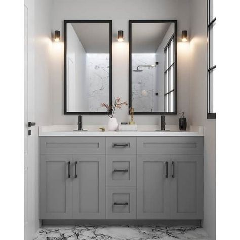 Grey Bathroom Cabinets, 60" Vanity, Grey Bathroom Vanity, Master Bath Remodel, Double Vanity Bathroom, Boys Bathroom, Double Bathroom, Bathroom Inspiration Decor, Double Bathroom Vanity