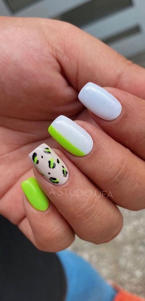 leopard nails, neon green and white nails, bright green and white summer nails, leopard nail art designs White And Bright Nails, White And Neon Green Nails, White Nails With Neon Design, Neon Green And White Nails, White Nails With Colorful Designs, White Nails With Neon, White And Neon Nails, Green White Nails, Bright Green Nails