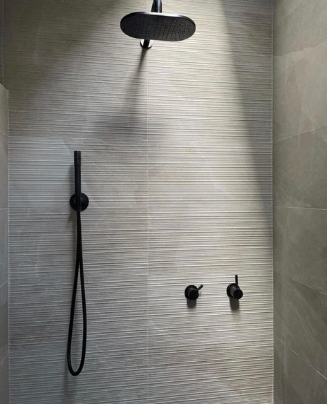 Textured Tile Shower Walls, Textured Wall Tiles Bathroom, Textured Bathroom Tiles, Sand Tiles Bathroom, Ribbed Tile Bathroom, Textured Tile Bathroom, Ribbed Shower Screen, Textured Shower Tile, Fluted Tile Shower Wall