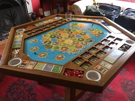 Ultimate Catan Gaming Table Doubles As Amazing All-Game Table | Kotaku Australia Tabletop Gaming Table, Catan Table, Gaming Table Diy, Board Game Room, Board Game Template, Table Top Games, Diy Table Top, Board Game Table, Game Tables