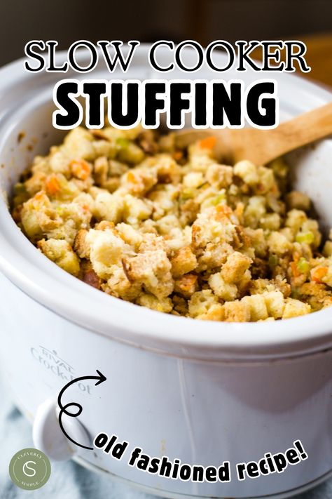 stuffing in slow cooker with wooden spoon Slow Cooker Stuffing Thanksgiving, Cheesy Hashbrown Casserole Easy, Crockpot Stuffing Thanksgiving, Slow Cooker Stuffing, Stuffing Recipes Crockpot, Crockpot Stuffing, Hashbrown Casserole Easy, Stuffing Thanksgiving, Easy Stuffing Recipe