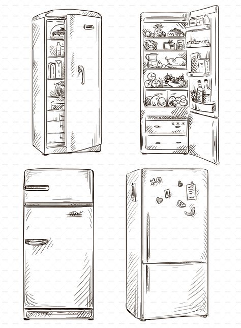 Fridge Reference Drawing, Open Fridge Drawing, Fridge Tattoo, Fridge Reference, Fridge Sketch, Kitchen Illustration Drawings, Refrigerator Drawing, Fridge Drawing, Fridge Illustration