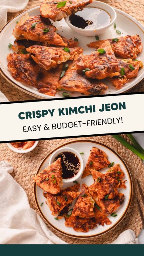 Crispy kimchi jeon served on a plate with dipping sauce, garnished with green onions, labeled as easy and budget-friendly. Kimchi Dinner Ideas, Kimchi Jeon Recipe, Korean Jeon, Kimchi Jeon, Jeon Recipe, Kimchi Pancake Recipe, Kimchi Pancakes, Easy Kimchi, Kimchi Pancake