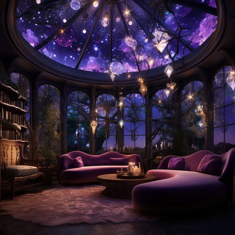 Space Themed Apartment, Fantasy Lounge Room, Mystical Room Ideas, Celestial Interior, Cosmic Room Aesthetic, Fantasy Lounge, Moon House, Astrology Room, Magical Living Room