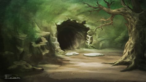 Outside the cave. by eren-akinci Cave Landscape Concept Art, Cave Anime Background, Cave Background Art, Cave Entrance Art, Fantasy Cave Entrance, Eren Drawing, Cave Concept Art, Outside Background, Cave Background