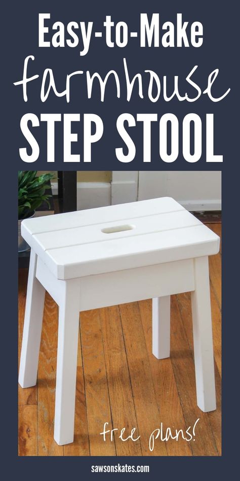 This wood DIY step stool has a simple, rustic design. The angled legs and chunky top give it a farmhouse feel. It’s an easy project that can be made with just a few basic tools. Download the free plans now! #sawsonskates Diy Step Stool, Outdoor Woodworking Projects, Awesome Woodworking Ideas, Woodworking Chair, Woodworking Plans Beginner, Woodworking Tutorials, Diy Step, Intarsia Woodworking, Japanese Woodworking