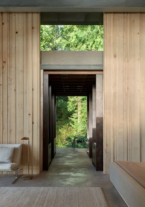 Starchitect Jim Olson spent 55 years renovating this breathtaking Puget Sound… Olson Kundig, Timber Cabin, Timber Roof, Forest Cabin, Weekend House, Steel Columns, Roof Structure, Bunk House, Modern Cabin