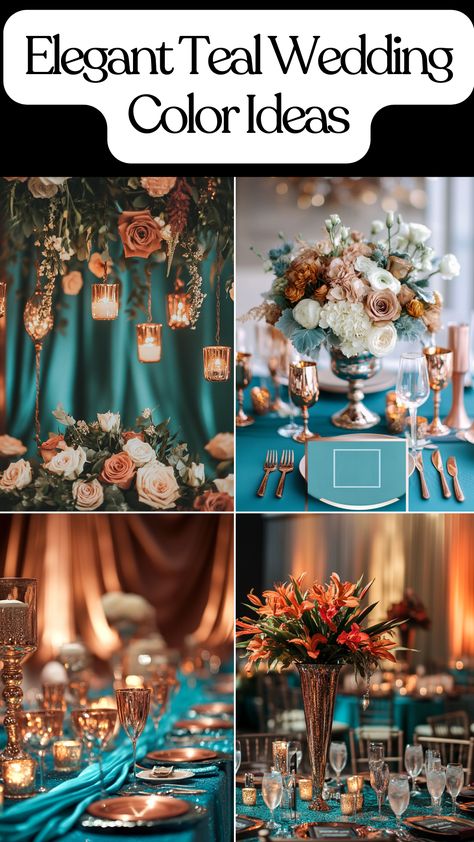 Teal and copper color palette for a chic wedding theme setup. Fall Teal Wedding Colors, Wedding Colors With Turquoise, Fall Wedding Teal And Orange, Dark Teal And Burnt Orange Wedding Theme, Burnt Orange Turquoise Wedding, Peacock Color Palette Wedding, Terra Cotta And Teal Wedding, Dark Turquoise Wedding Theme, Teal And Orange Wedding Theme