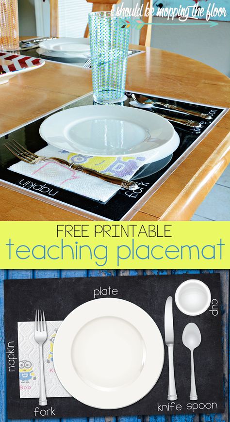 Free Printable Teaching Placemat | Perfect to help kiddos learn to set the table for meals. | Instant download. | Laminate for durability. #quickerpickerupper #minions #ad Free Printable Placemat, Table Setting For Kids Free Printable, Table Setting Lesson, Table Etiquette For Kids, How To Set A Table, Table Setting For Kids, Table Placemats Ideas, Placemat Table Setting, Etiquette Classes