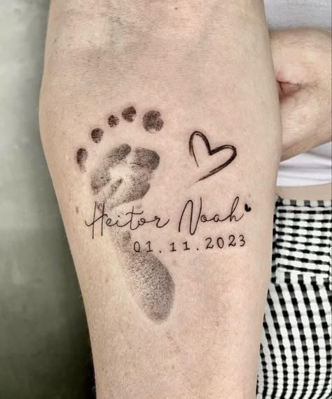 Tattoo Idea For Kids Names, Noah Tattoo Ideas, Baby Footprint Tattoo Ideas For Mom, Baby Foot Print Tattoo, Baby Hand Tattoo, Noah Tattoo, Foot Print Tattoo, Newborn Tattoo, Tattoos For Siblings