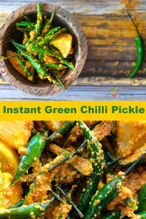 Instant Green Chilli Pickle or Hari Mirch ka Achaar is a hot favorite condiment in most Indian households :).   Pickles or Achaar are a staple part of most Indian meals.  This instant pickle is very quick and easy to make, needs just a few basic ingredients available in most Indian pantries, and can be made any time of the year and day.   #pickle #achaar #greenchilli #chilli #condiment #eatmoreart #vegan #spicy Hari Mirch Ka Achaar, Pickles Benefits, Green Chilli Pickle, Chilli Pickle, Condiments Recipes, Indian Meals, Pickle Recipes, Healthy Indian Recipes, Pickled Garlic