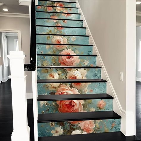 Amazon.com: Peel and Stick Vinyl Stair Riser Decals Staircase Tile Stair Stickers Abstract Art Decor Vintage Pink White Floral Decoration Mural Self-Adhesive Wallpaper (14 Pcs) : Tools & Home Improvement Top Of Stairs Wall Decor, Cabinet Headboard, Headboard Kitchen, Stairway Wall Decor, Stairs Cabinet, Stairs Wall Decor, Blue And Pink Living Room, Painted Stair Risers, Vinyl Stair Risers