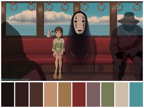 Color Palette Cinema en Instagram: “: "Spirited Away" (🇯🇵2001). •Directed by Hayao Miyazaki •Color Design: Michiyo Yasuda” Ghibli Color Palette, Color In Film, Movie Color Palette, Color Palette Living Room, Cinema Colours, Colour Themes, Color Mixing Chart, Ghibli Artwork, Design Palette