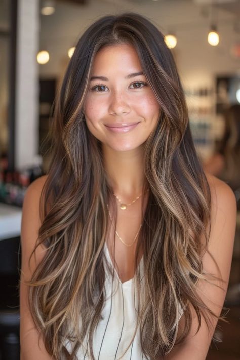 Say goodbye to the hassle and cost of frequent salon visits for high-maintenance hair coloring! Embrace the simple yet stylish option of low maintenance brunette balayage hairstyles. This trend offers a flawless blend of colors, providing a chic look that won't break the bank. Perfect for those wanting to minimize upkeep without sacrificing style. Melt Brunette Balayage, Low Maintenance Hair Balayage, Fall Hair Color For Brunettes Low Maintenance, Low Maintenance Light Brown Balayage, Highlights With Brunette Hair, Partial Balyage Long Hair Brunettes, Dimensional Brunette Extensions, Subtle Balayage Light Brown Hair, Brunette With Few Highlights