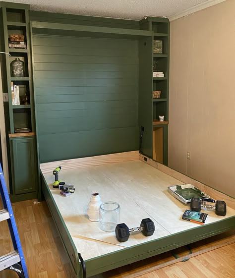 Murphy Bed Measurements, Murphy Bed Ideas For Small Spaces, Murphy Beds For Small Spaces Bedroom, Flex Room With Murphy Bed, Murphy Bed And Playroom, Craft Room Ideas With Murphy Bed, King Sized Murphy Bed, Bed On Wall Ideas, Queen Murphy Bed Dimensions