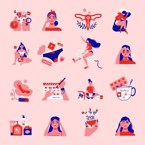 Menstruation pms woman color set with is... | Free Vector #Freepik #freevector #pms #woman-period #menstruation #period Hygiene Hacks, Period Party, Menstruation Cycle, Period Cycle, Female Hygiene, Sanitary Products, Calendar Vector, Menstrual Period, Period Pain