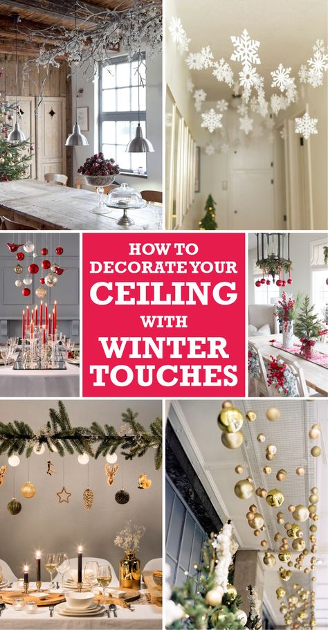 Basically, there are possible things that you can apply in decorating the ceiling. The first one is by hanging some ornaments there. Then, you can also install the chandelier or any other kind of lighting with the winter design of touch. If you want a more permanent one, you can paint the ceiling or simply apply the wallpaper in a winter theme. You may check the following references so that you can get inspiration. #ceilingdecoration #winterceilingdecoration #ceiling Ceiling Snowflake Decorations, Hanging Items From Ceiling, Decorating Ceiling Fans For Christmas, Decorating Beams For Christmas, Hang Lights From Ceiling, How To Hang From Ceiling, Christmas Decor For High Ceilings, Garland On Ceiling Beams, Diy Hanging Decor Ceilings