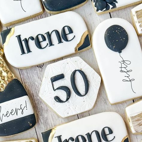 Lynn on Instagram: "First cookies of 2024! All the sophisticated metallics and black for a birthday worth celebrating. Happy 50th, Irene!! Hope the day was as fabulous as you! . . . #blackandgoldcookies #50thbirthday #50thbirthdaycookies #champagnecookies #birthdaycookies #customcookies #cookieart #sugarcookiesofinstagram #decoratedcookies #bergencountynj #bergencounty #bergencountymoms #bergencountyeats #njcookies #pascackvalley #parkridgenj #thecraftedcookie" 70 Birthday Cookies Decorated, 50 Birthday Cookies Decorated, 50th Birthday Royal Icing Cookies, Black And Gold Cookies Decorated, Birthday Cookie Designs, 50th Birthday Cookies For Men, 50th Birthday Cookies For Woman, 50th Birthday Cookies, Gold Cookies