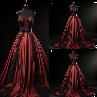 Gothic Wedding Dresses Vintage Sleeveless Black and Red Satin V Neck Bridal Gown  | eBay Burgundy And Gold Wedding Dresses, Phantom Of The Opera Wedding Dress, Red And Black Dress Prom, Dark Fairytale Dress, Fantasy Dress Red, Vintage Gothic Wedding Dress, Black And Red Wedding Dress, Homecomming Dresses, Black Wedding Dresses Gothic