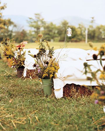 Reception: Guests at Shannon and Nathan's fall wedding sit on hay bails decorated with wildflowers from a friend's farm in French flower pails. Hay Bale Wedding, Hay Bale Seating, Fall Decor Inspiration, Ceremony Seating, Hay Bales, Wedding Seating, Nature Wedding, Ceremony Decorations, Farm Wedding