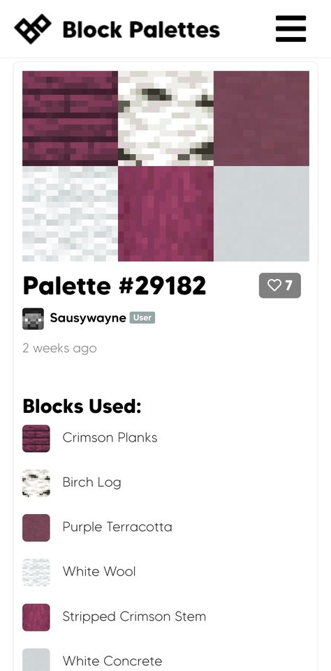 Purple Minecraft Palette, Minecraft Block Combos, Minecraft Dungeon Build, Minecraft Colour Palette, Minecraft Skins Female Layout, Minecraft Couple, Minecraft Color Palette, Minecraft Palettes, Minecraft Palette