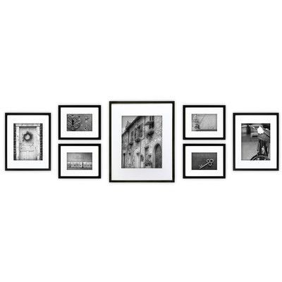 Features:  -Solid wood 7-piece wall frame set with usable artwork.  -Easy-to-hang template for multiple layouts, including the stairs.  Style: -Contemporary.  Material: -Glass/Wood.  Picture Capacity: Cuadros Diy, Gallery Wall Frame Set, Picture Frame Crafts, Wall Frame Set, Picture Frame Set, Photo Wall Gallery, Diy Picture Frames, Wall Designs, Picture Frame Sets