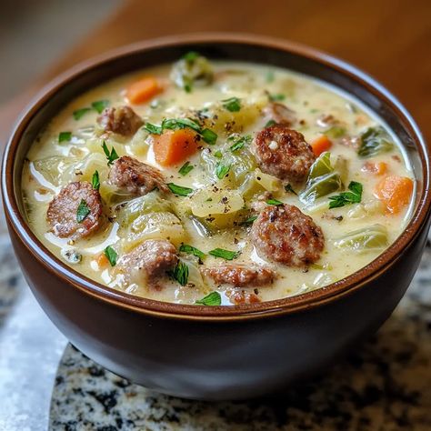 Creamy Cabbage & Sausage Soup – PHUIIS BLOG Kolbasa Soup Recipes, Cabbage Sausage And Potato Soup, Cabbage And Smoked Sausage Soup, Soup Made With Sausage, Cabbage And Bacon Soup, Turkey And Cabbage Soup, Pork Sausage Soup Recipes, Soups With Sausage, Crockpot Cabbage And Sausage