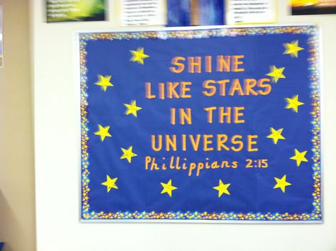 Shine like stars bulletin board Outer Space Classroom Theme, Vbs 2023 Stellar, Graduation Bulletin Board, Star Themed Classroom, Star Bulletin Boards, Space Classroom Theme, Outer Space Classroom, Bible Bulletin Boards, Vbs Space