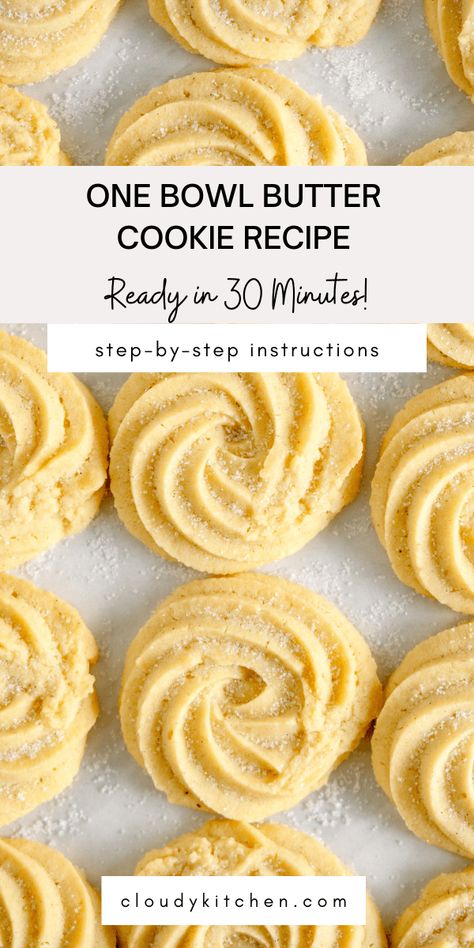 These super easy butter cookies use one bowl, six ingredients, and make a tender and buttery butter cookie with a melt in your mouth texture. These butter cookies can be piped out and baked fresh, so ready in just under 30 minutes, or they can be prepared ahead and chilled or frozen until you are ready to bake them. Finish them with granulated sugar, dip half in chocolate, or add your favourite glaze or icing. No Bake Sunbutter Cookies, Rosette Butter Cookies, Pipped Butter Cookies, Danish Butter Cookie Recipe Easy, Melt In Your Mouth Butter Cookies, Piped Shortbread Cookies, Vanilla Butter Cookies, Holiday Butter Cookies, How To Make Cookie Butter