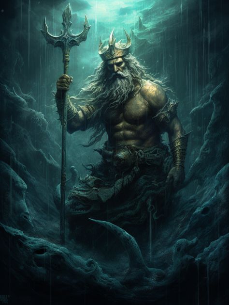 Poseidon Fanart, Guardian Angel Tattoo Designs, Gothic Painting, Fantasy Romance Art, Greek Titans, Poseidon Tattoo, Water God, Greek Mythology Tattoos, Mythology Tattoos