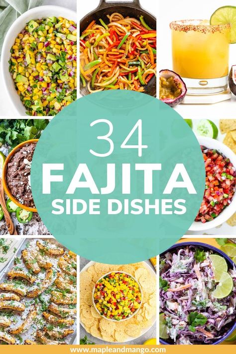 Side Dishes For Fajitas! Wondering what to serve with fajitas? Whether you are having friends over, hosting a Cinco de Mayo party or perhaps just simply want to stretch out a weeknight family dinner, here are 30+ easy and delicious sides to pair with your favorite fajita recipe! | www.mapleandmango.com Side Dishes For Fajitas, Fajita Sides, Fajita Side Dishes, Fajita Tacos, Taco Side Dishes, Delicious Side Dishes, Delicious Sides, Having Friends, Taco Dinner