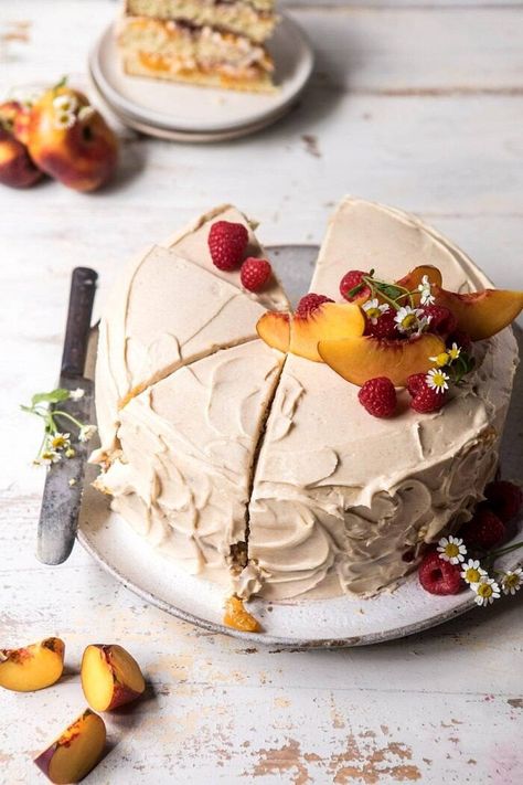 Peach Ricotta Layer Cake with Browned Butter Buttercream | halfbakedharvest.com Summer Peach Cake, Peach Ricotta, Peaches Recipes, Burger Dinner, Cake Summer, Vegan Birthday, Layered Cakes, Gateaux Cake, Browned Butter