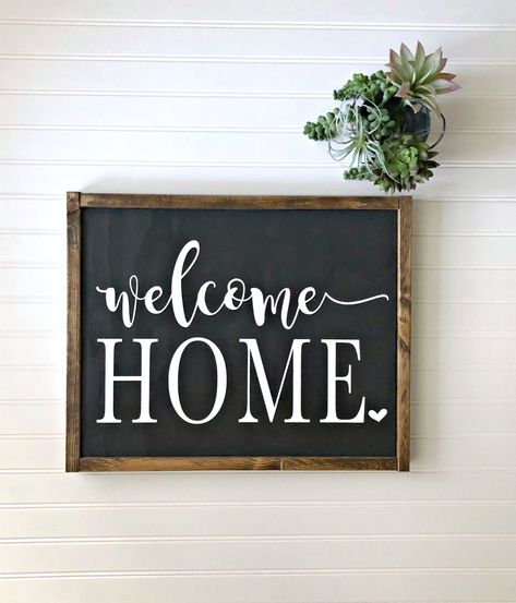 "Welcome your guests with this adorable farmhouse chic welcome home sign. THIS SIGN: *Measures approximately 16\" x 22\" *Painted black with white lettering *Sealed with interior sealant *Frame stained dark walnut If you would like a variation in color or stain, please choose from the options pictured and add what you would like in the notes to seller section. Thank you for visiting Boards and Burlap. If you have an idea and would like to create a custom sign, please let us know. We would love t Housewarming Sign, Welcome Home Signs, Home Sweet Home Sign, Distressed Signs, Chalk Wall, Interior Minimalista, Home Sign, Pallet Art, Farmhouse Sign