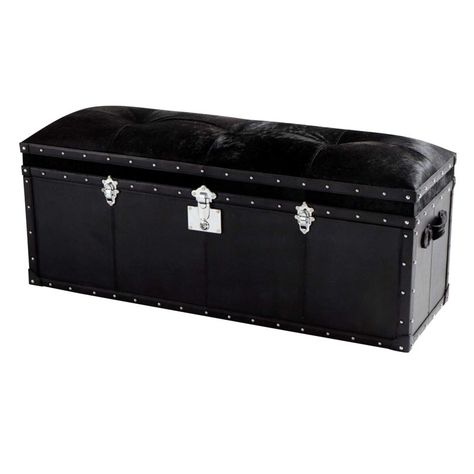 Stylish modern Cyan Co. Casselton Trunk upholstered in black Hyde with black leather detail, nickle hardware and nailhead detail, one divider showroom floor sample, original retail $2170 Decorative Trunks, Ottoman Black, Black Trunk, Bookcases For Sale, Cute Furniture, Trunks And Chests, House Essentials, Black Ottoman, Storage Trunks