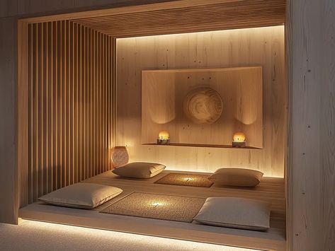 Designing Your Ideal Meditation Room: 23 Perfect Ideas %sep Relaxing Space Office, Meditation Room Interior Design, Meditation Room Interior, Spa Relaxation Room Ideas, Meditation Area Ideas Small Spaces, Relax Room Ideas, Small Massage Room, Meditation Room Decor Zen Space, Meditation Space Architecture