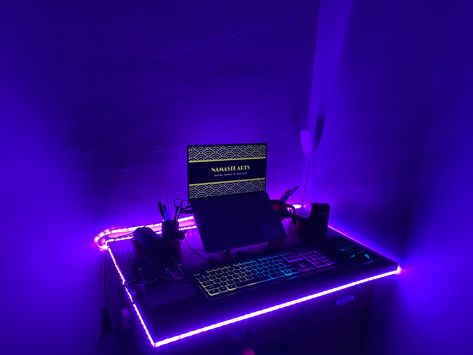 Desk setup; led light Led Lights Setup, Black Desk, The Desk, Desk Set, Led Light Strips, Desk Setup, Dorm Room Decor, Color Ideas, Dorm Rooms