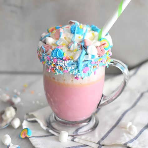 Unicorn Hot Chocolate Recipe, Cute Hot Chocolate, The Spruce Eats, Winter Beverages, Unicorn Hot Chocolate, Cozy Winter Recipes, Melted White Chocolate, Hot Chocolate Drink, Unicorn Stuff