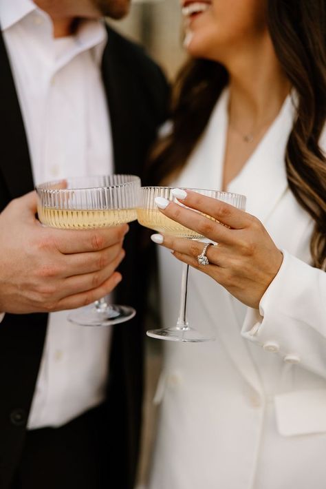 Champagne Toast Pictures, Cheers Pictures Drinks Couple, Elopement Champagne Toast, Engagement Shoot With Champagne, Engagement Photo With Champagne, Engagement Pics Champagne, Couples Cheers Photo, Champagne Toast Engagement Photos, Engagement Photoshoot Champagne