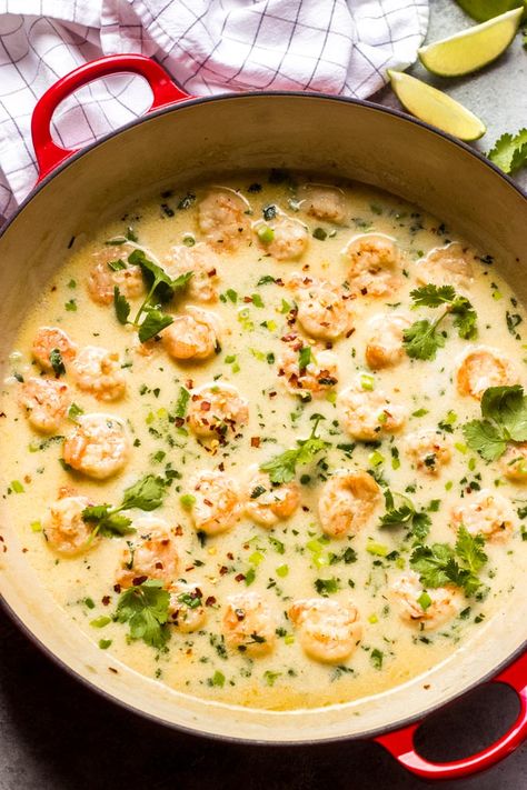 Saucy shrimp simmered in spicy sweet coconut milk with garlic, ginger, lime juice, and scallions. This one pan meal comes together in 30 minutes! #coconutmilkshrimp #shrimprecipes #coconutmilkrecipes #shrimpincoconutmilk Coconut Milk Shrimp, Creamy Coconut Shrimp, Shrimp Coconut Milk, Coconut Milk Chicken, Coconut Shrimp Recipes, Keto Seafood, Shrimp Sauce, Lime Shrimp, Coconut Milk Recipes